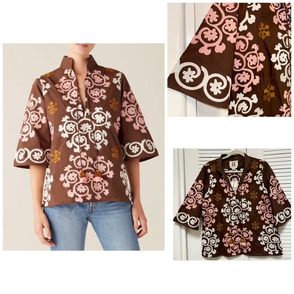 NWT FIGUE  LINA Loose Short Sleeves Floral Printed Tassle‎ Large